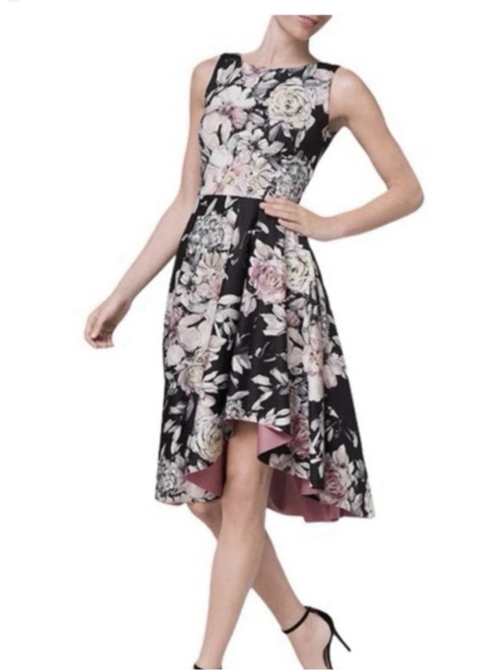 White House Black Market Black Floral V-Neck Midi Dress